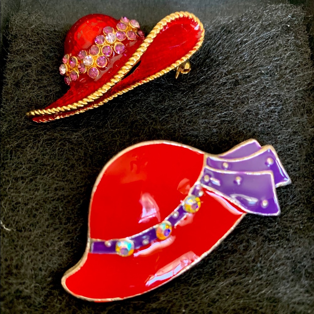 (2) Vintage Red Hat Ladies Pins Lot of Two